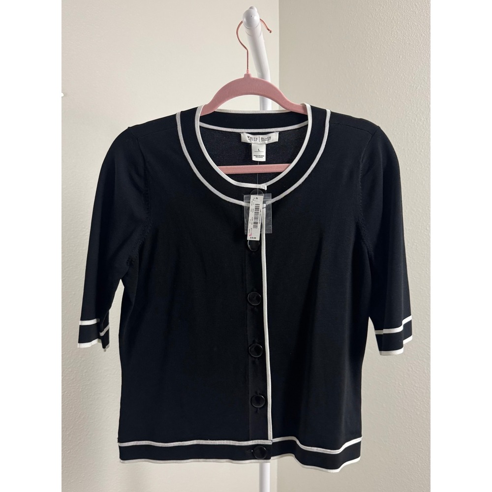 White House Black Market Black White Contrast Trim‎ Cardigan Large NWT 301108904